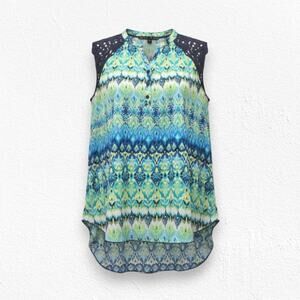 French Laundry Green Blue Watercolor V Neck Relaxed High Low Blouse Size 1X